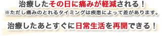 治療したその日に痛みが軽減される！治療したあとすぐに運動や仕事を再開できる！